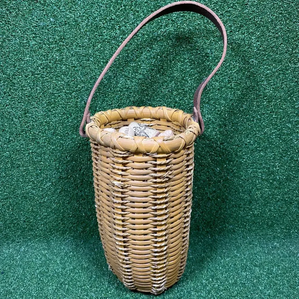 Vintage Tall Cylindrical Woven Wine Cork Basket Faux Leather Strap Handle